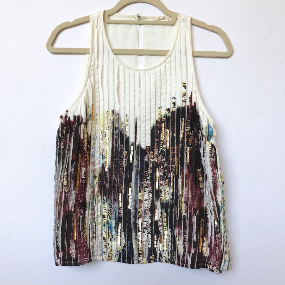 Anthropologie Cream Tank Top with Multicolor Metallic Print
